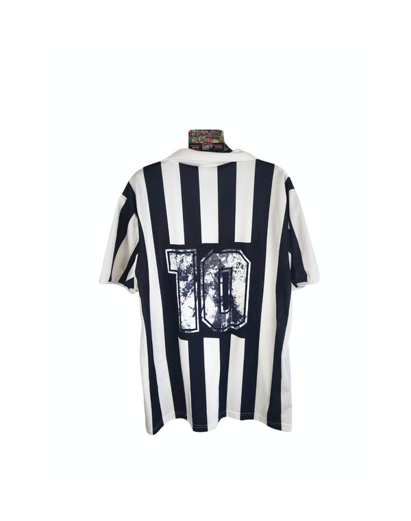 Juventus FC home football shirt back with large 10 print, black and white vertical stripes