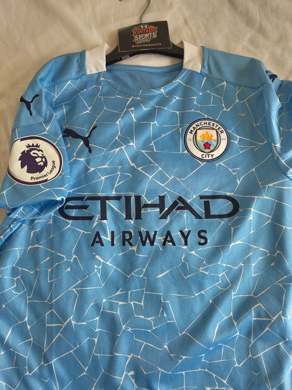 Manchester City Signed Home Football Shirt 2020-2021 (S) 7 Sterling