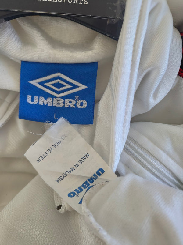 Umbro size L inner label on white track jacket collar
