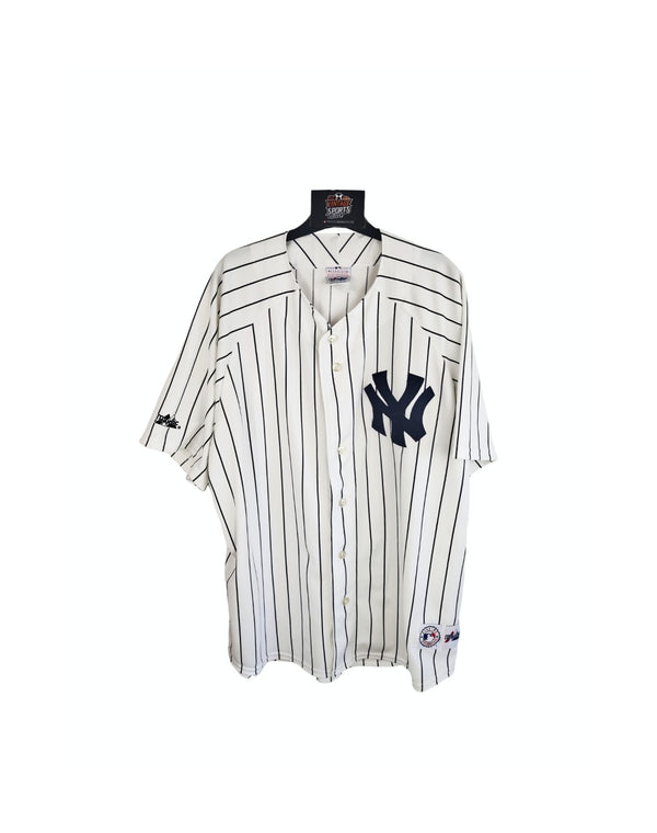 White Yankees pinstripe button-up baseball jersey with navy NY logo