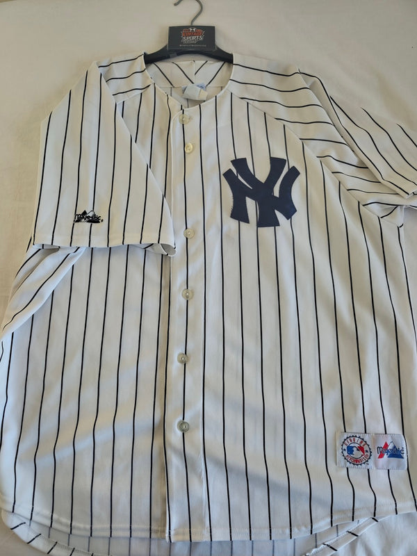 White Yankees pinstripe baseball jersey with navy NY logo and patches, buttons