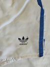 adidas vintage track shorts, white with blue side stripes and trefoil logo