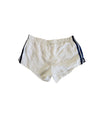 White vintage adidas shorts with elastic waistband and blue side stripe trim