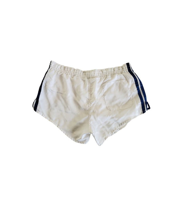White vintage adidas shorts with elastic waistband and blue side stripe trim