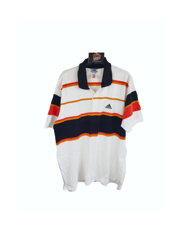 Vintage Adidas Tennis Polo Shirt Striped 1990s White Orange (L)